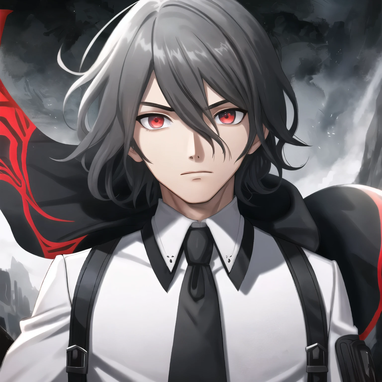 (high-quality, breathtaking),(expressive eyes, perfect face) 1boy, male , solo, portrait, Symmetrical Eyes, black hair color, red eye color, short hair length, curly wavy hair, Code Vein, Code Vein game character, Code Vein Clothing, Code Vein revenant, God Eater inspired clothing, white shirt, red cloak, grey background, modern fantasy clothing, detailed eyes
