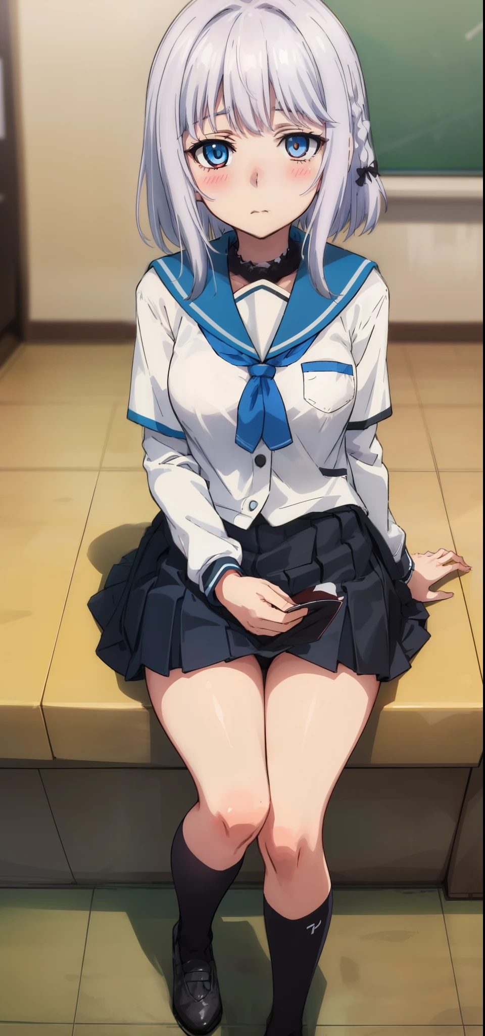 1 girl, kanon kanase, blush, medium breasts, sleeveless,((( black school uniform))), 20-year-old, healthy skin, closed mouth, (indoors), detailed eyes. Sitting.