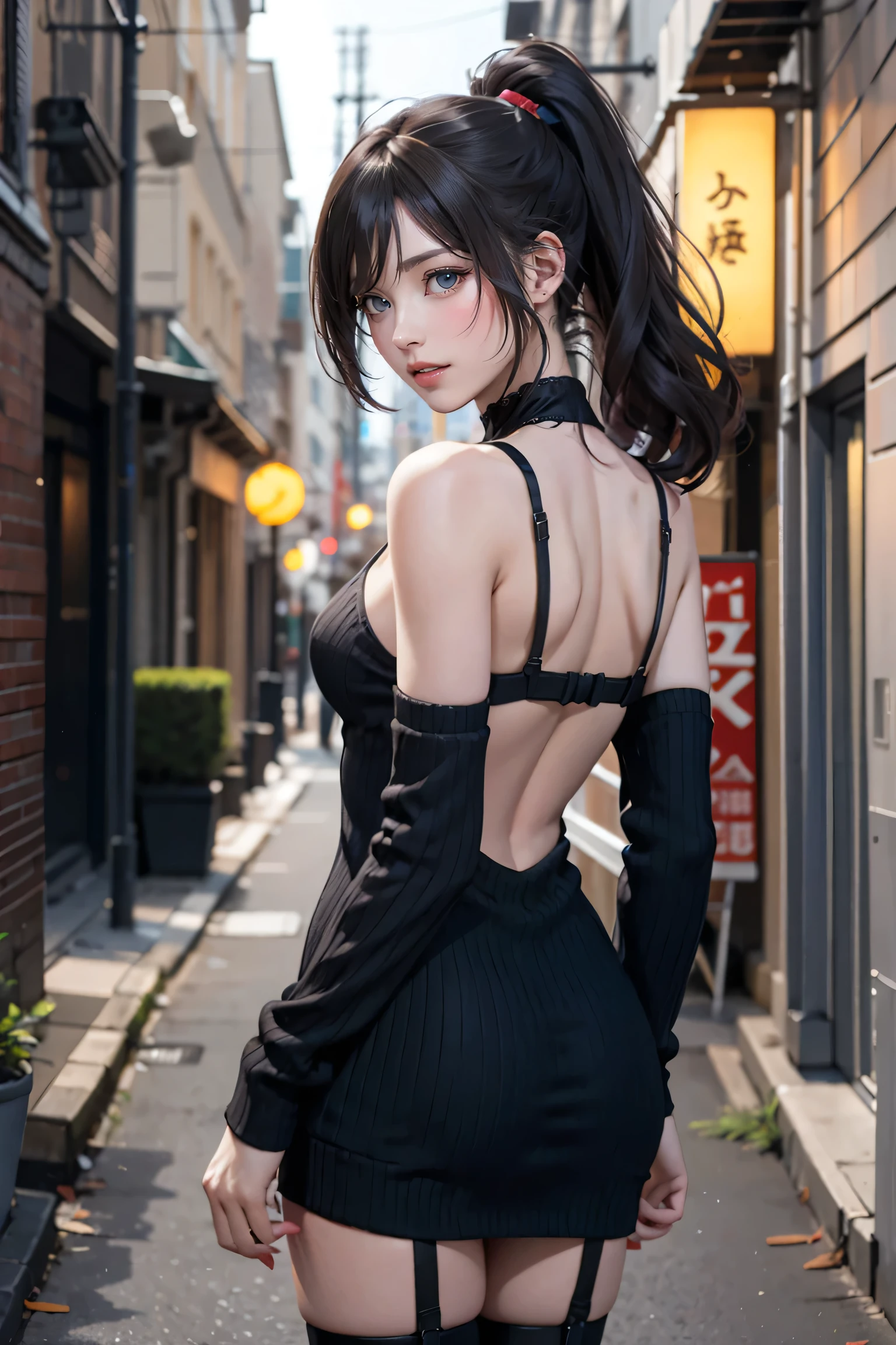 (((nsfw0.8))),Looking into the camera,(((Highest quality, 8K, masterpiece))), ponytail,Sharp focus, (Beautiful woman with perfect figure), thin, (Hairstyle: wonderful)), ((Back alley at night)), street: 1.2 Highly detailed face and skin texture Detailed eyes double eyelid random pose, (smile), Realistic Face, double eyelid,smile, cyberpunk city , At sunset , Beautiful Teeth , Thigh straps, Wear a leather jacket、Camisole、Grey vertical rib sweater dress、Fishnet tights、garter belt、Night view、Full Body Shot, Centered,(tall)