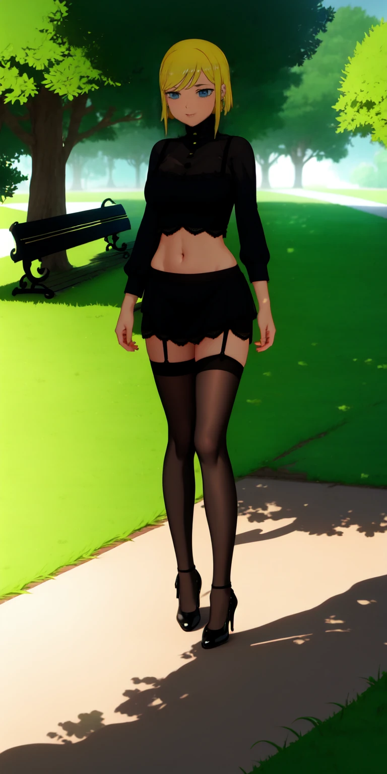 Anime girl, 3D art, standing (stand), 1 girl (solo), hourglass figure, looking at viewer, shy face, blush face,short hair, yellow hair, blue eyes, park (trees, grass, bench), wearing a black lace bra, wearing a black lace lingerie, wearing a usual black tights, wearing a usual black garter belt, ultra resolution, high detailed, a Head with good anatomy, a body with good anatomy, a hands with good anatomy, a legs with good anatomy, well drawn navel, open navel (visible navel), full body view, visible legs, 