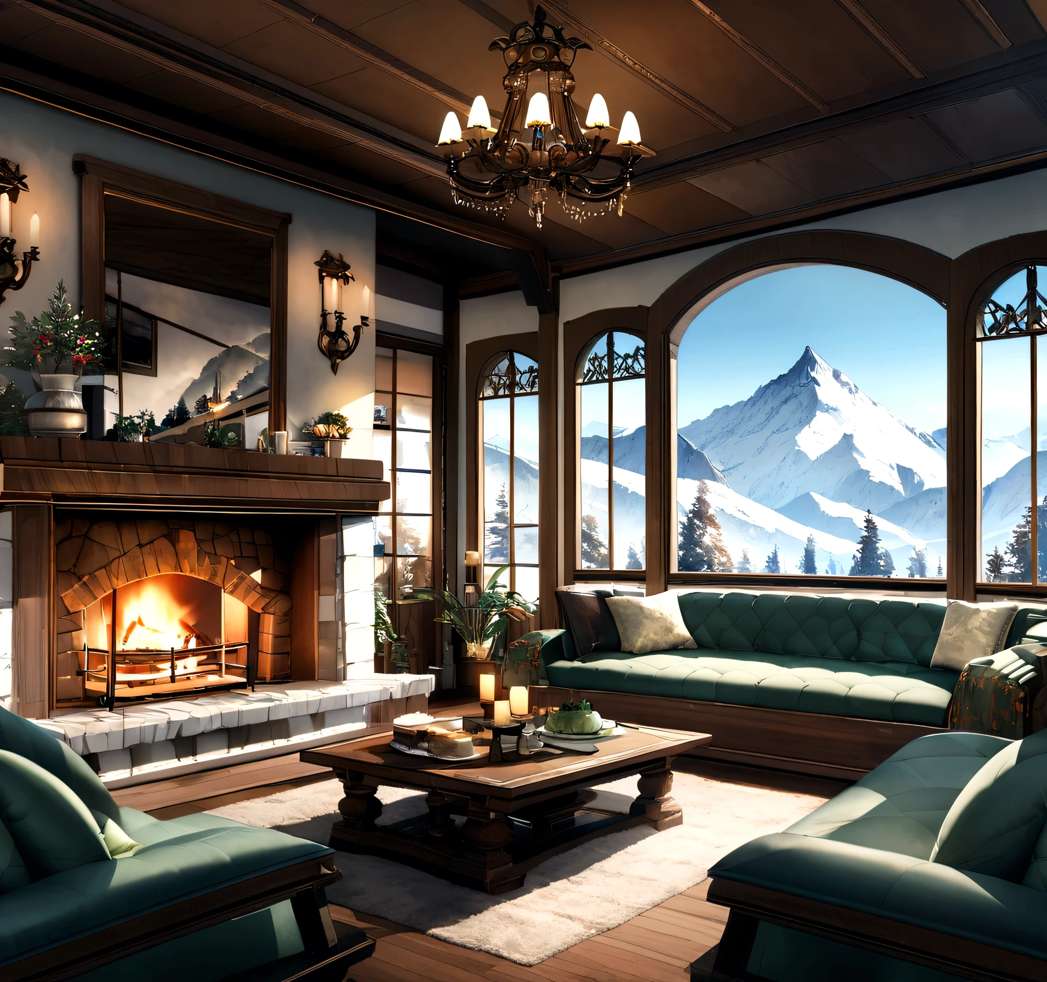 Comfortable mountain villa，Surrounded by stunning scenery, Large windows let in natural light，Enjoy panoramic views of the snow-capped mountains. The interior is decorated with comfortable furniture, A lit fireplace and a cozy atmosphere, Invites you to relax，Enjoy the tranquility of nature