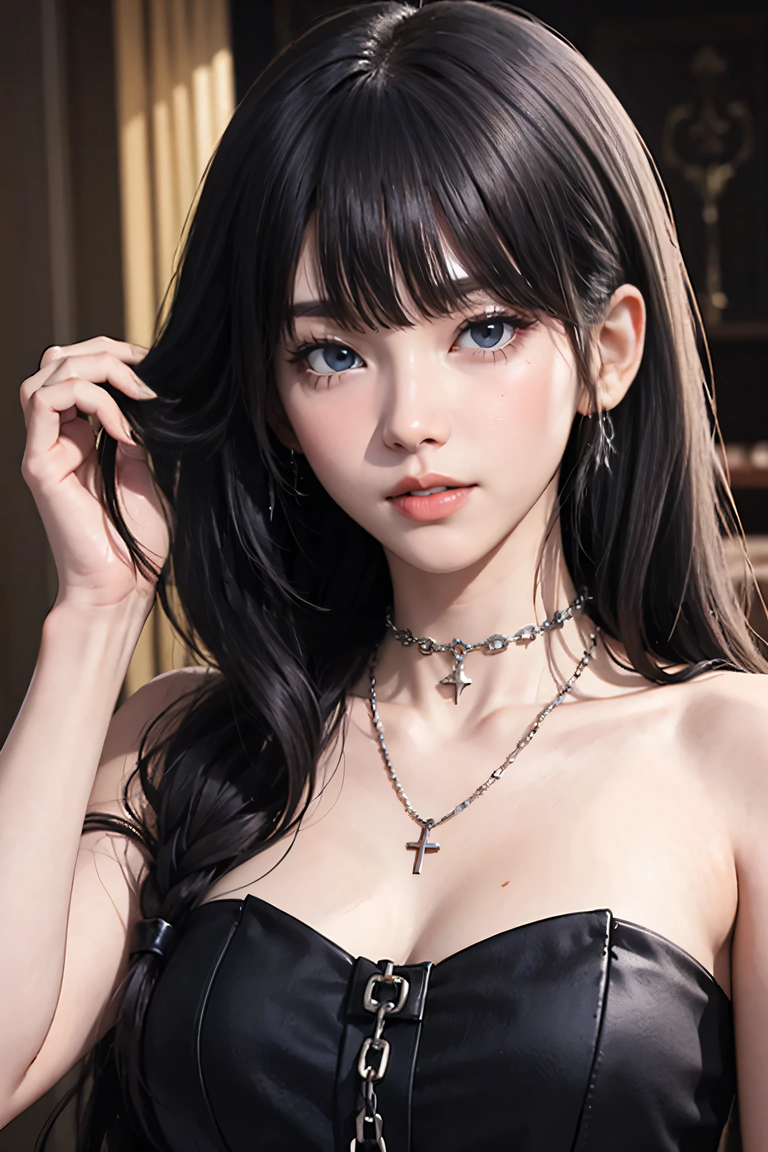 (((nsfw:1.0)))，((Highest quality、masterpiece:1.3))、sharp:1.2、Perfect Body Beauty:1.1)、Highly detailed face and skin texture、Detailed eyes、Fantasy、(Pure black dress:1.3)、(chain:1.3)、double eyelid、((Long Hair:1.5))、(Dark brown hair)、(Well-groomed bangs:1.2)、((One Woman))、fantasy city、Tying up hair、Black Princess、Dark Room、Dark Falls、Fallen into evilPrincess、Fallen into evil、Evil Princess、necklace、Luxurious ornaments、