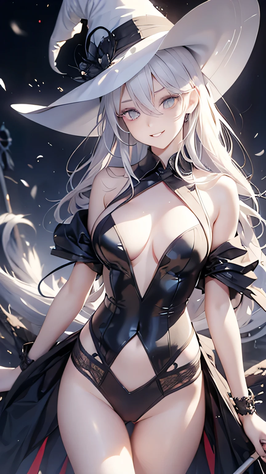 ((white hair)), hair over shoulder, messy hair, hair over eyes, witch hat, wizard hat, grin, bright pupils, happy, anime, cinematic lighting, UHD, ((masterpiece)), super detail, (detailed eyes, detailed face), high quality, highres, high details, Witch with powerful magical light, female wizard, wide-brimmed hat, wizard's staff, wand, A torrent of light, colorful rays intersecting, (Right arm thrust out in front), orange costume, perfect body, sexy