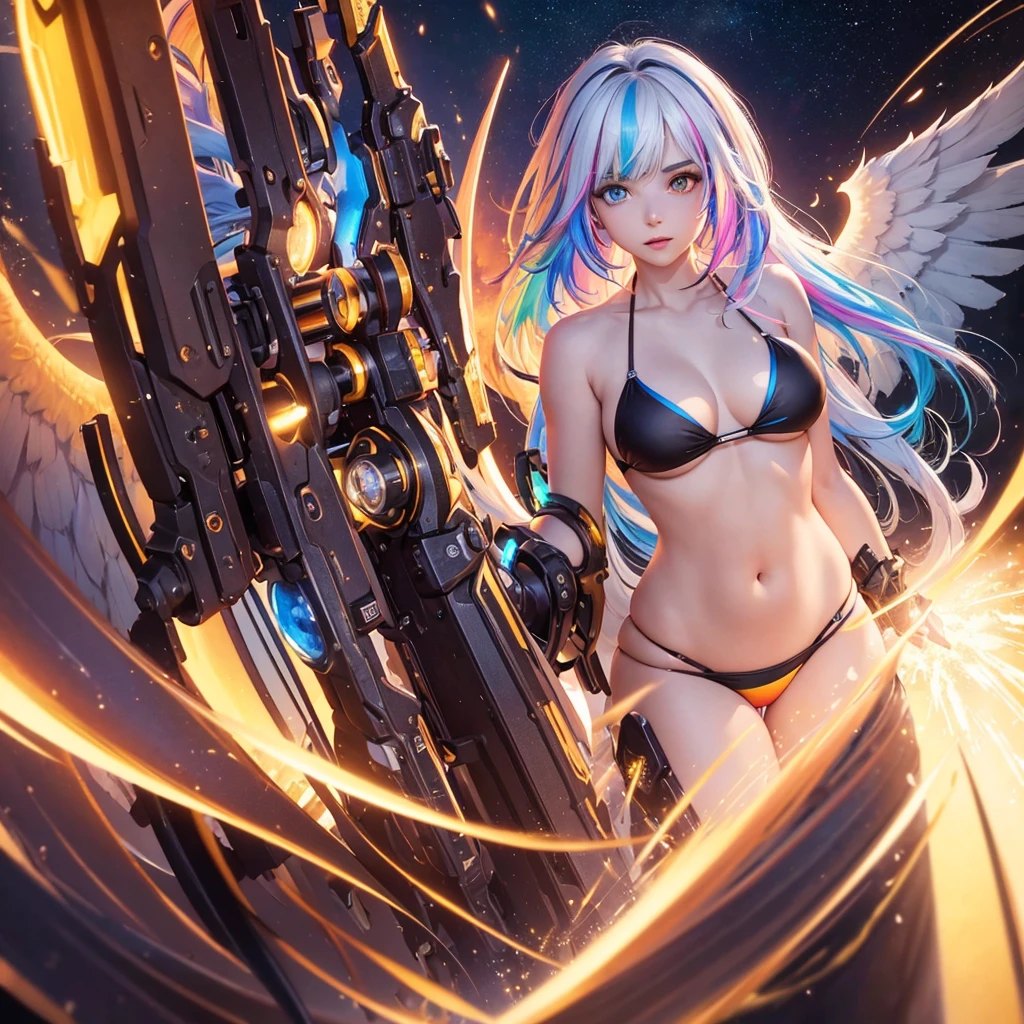 {{masterpiece}}, best quality, extremely detailed CG unity 8k wallpaper, cinematic lighting, lens flare, beautiful detail eyes, black,  side glance,  multicolor short white hair, colorful light, particles, heterochromia, (colorful:1.5), (colorful hair:1.5), Sexy bikini, bikini armor, wings on back,