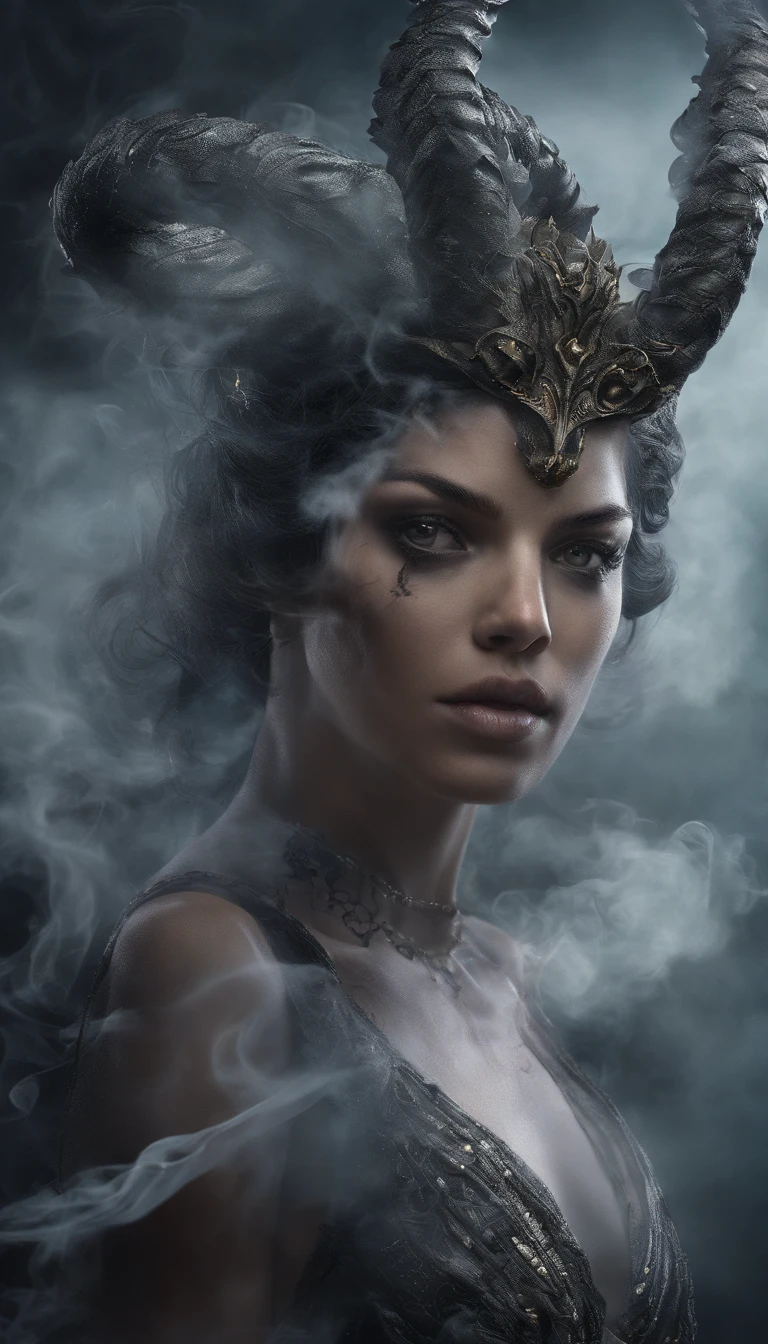 “A realcartoon style of digital artwork featuring a mysterious woman. The woman face is half covered by a smoke forming transparent dragon mask from smoke. Their surroundings are full of mist and subtle reflections, emphasizing the surreal blend of human form and smoke elements. The lighting cinematic, producing dramatic shadows and highlights. The background is mysterious and mystic smoke in the dark." 🌟✨