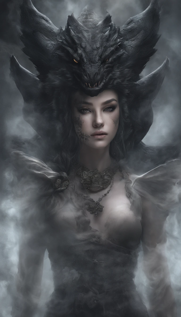 “A realcartoon style of digital artwork featuring a mysterious woman. The woman face is half covered by a smoke forming transparent dragon mask from smoke. Their surroundings are full of mist and subtle reflections, emphasizing the surreal blend of human form and smoke elements. The lighting cinematic, producing dramatic shadows and highlights. The background is mysterious and mystic smoke in the dark." 🌟✨