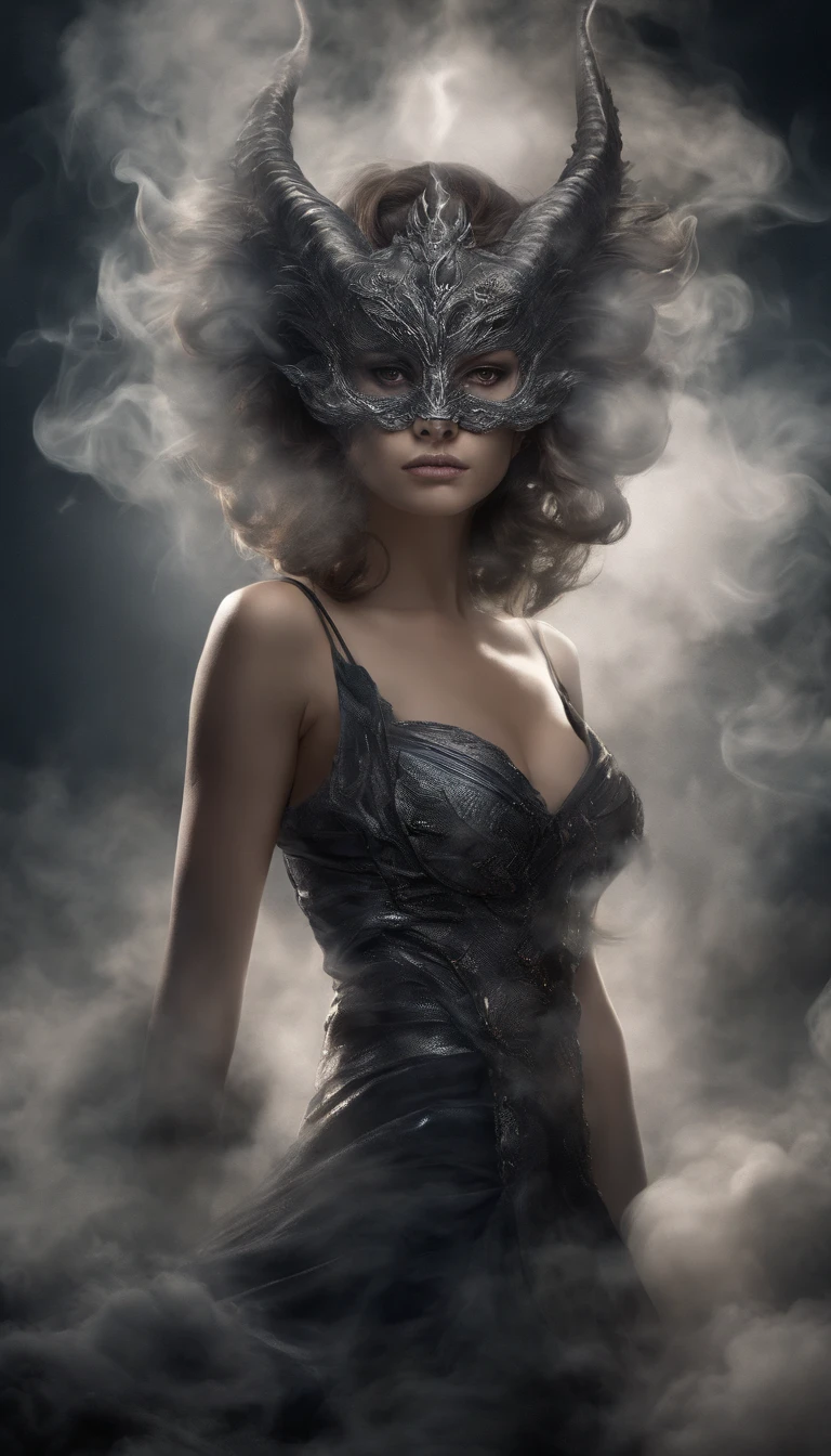 “A realcartoon style of digital artwork featuring a mysterious woman. The woman  face is half covered by a smoke forming transparent dragon mask from smoke. Their surroundings are full of mist and subtle reflections, emphasizing the surreal blend of human form and smoke elements. The lighting cinematic, producing dramatic shadows and highlights. The background is mysterious and mystic smoke in the dark." 🌟✨