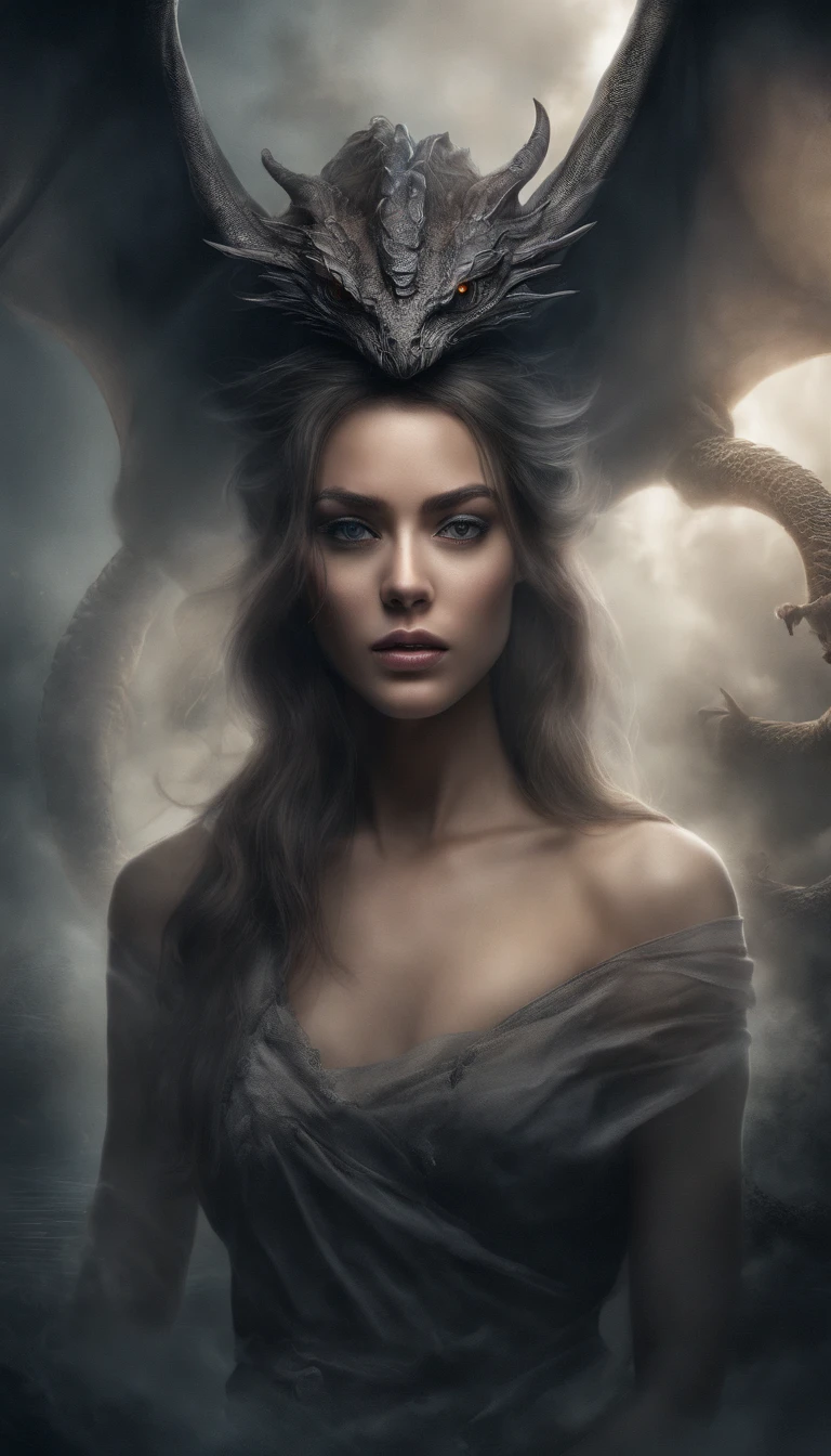 “A realcartoon style of digital artwork featuring a mysterious woman. The woman face is half covered by a smoke forming transparent dragon mask from smoke. Their surroundings are full of mist and subtle reflections, emphasizing the surreal blend of human form and smoke elements. The lighting cinematic, producing dramatic shadows and highlights. The background is mysterious and mystic smoke in the dark." 🌟✨