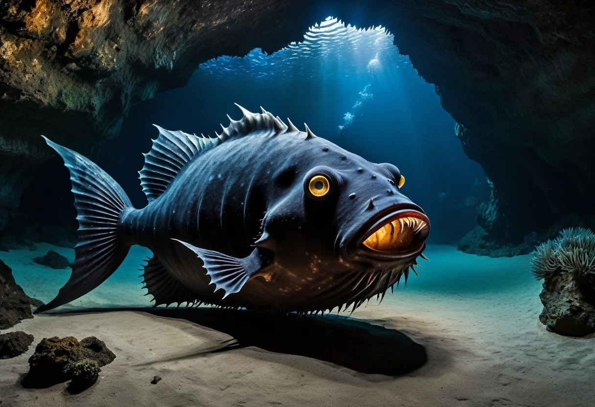 A giant cave-like mimic of an anglerfish、(The anglerfish&#39;s mouth is full of jewels, ornaments and treasures.:1.4)、Treasure hunter divers approaching、Reality、Fantasy、