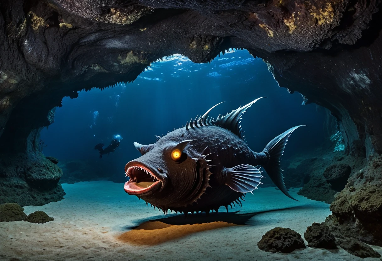 A giant cave-like mimic of an anglerfish、(The anglerfish's mouth is full of jewels, ornaments and treasures.:1.4)、Treasure hunter divers approaching、Reality、Fantasy、