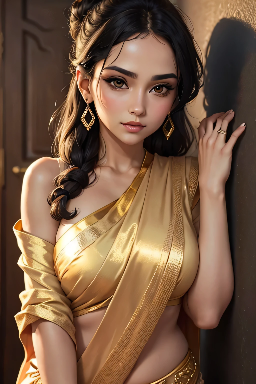 Sexy woman, black hair tied in a bun, smokey eyes, eyeliner, blushing intensely, fairest skin, plump face, soft lips, gold blouse, white saree with gold borders, pinned against a wall