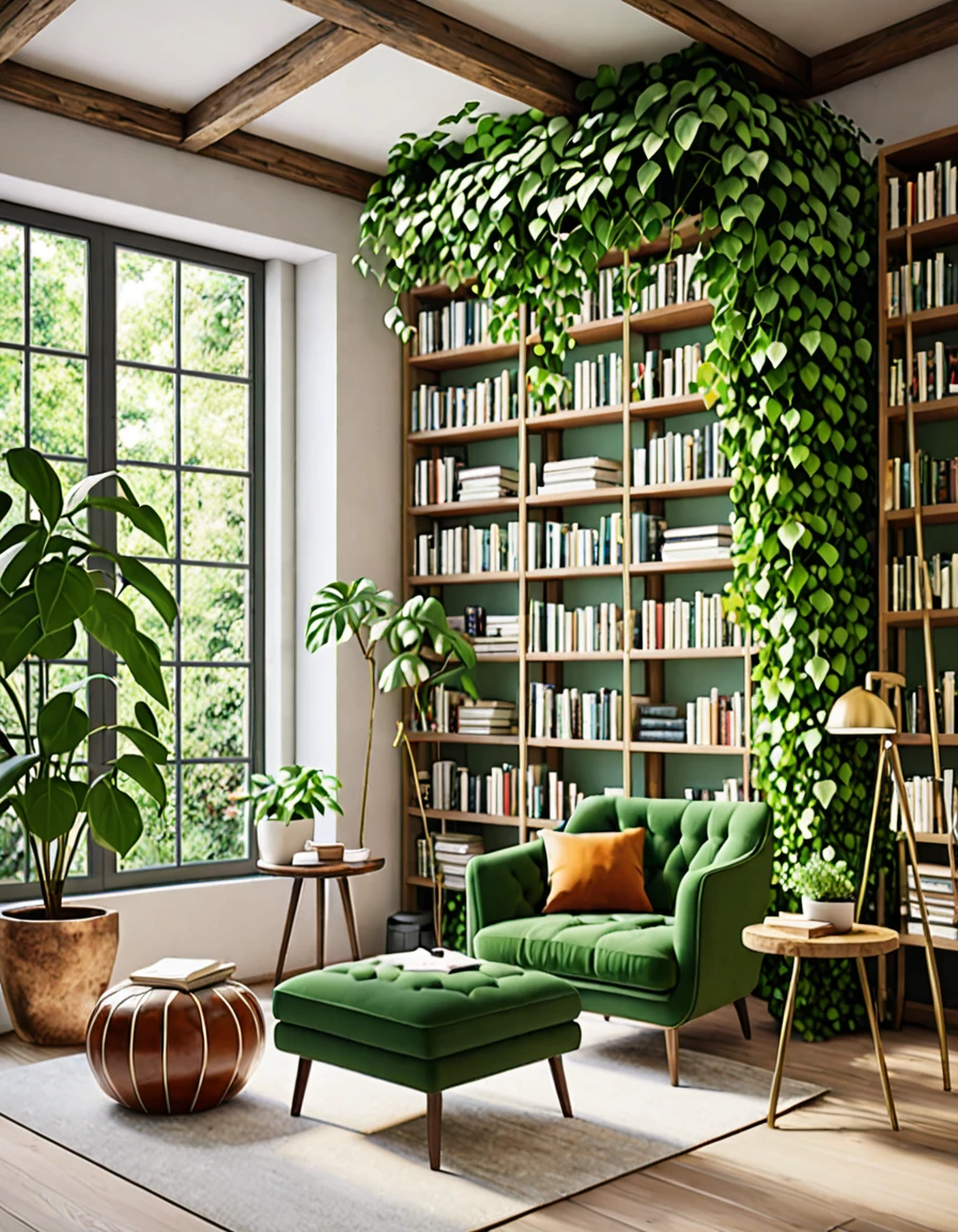 A cozy reading nook adorned with lush green plants. The nook features a comfortable armchair, a small side table stacked with books, and a large bookshelf filled with a variety of literature. Vines hang from the ceiling, and potted plants are arranged on the shelves and floor, creating a serene and inviting atmosphere for book lovers