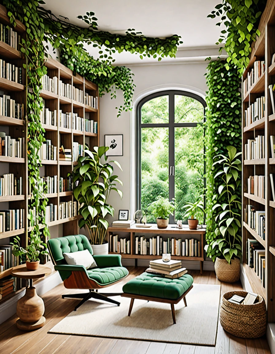 A cozy reading nook adorned with lush green plants. The nook features a comfortable armchair, a small side table stacked with books, and a large bookshelf filled with a variety of literature. Vines hang from the ceiling, and potted plants are arranged on the shelves and floor, creating a serene and inviting atmosphere for book lovers