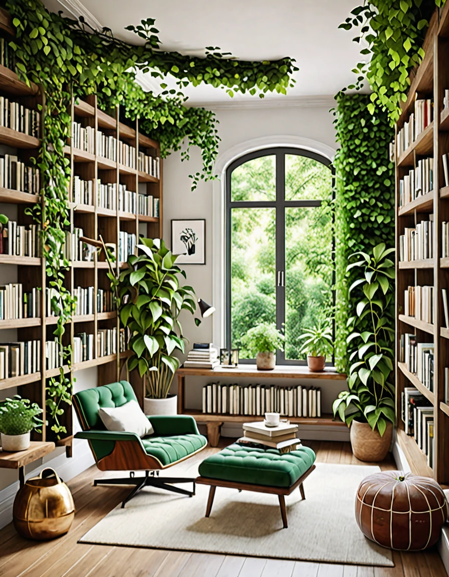 A cozy reading nook adorned with lush green plants. The nook features a comfortable armchair, a small side table stacked with books, and a large bookshelf filled with a variety of literature. Vines hang from the ceiling, and potted plants are arranged on the shelves and floor, creating a serene and inviting atmosphere for book lovers