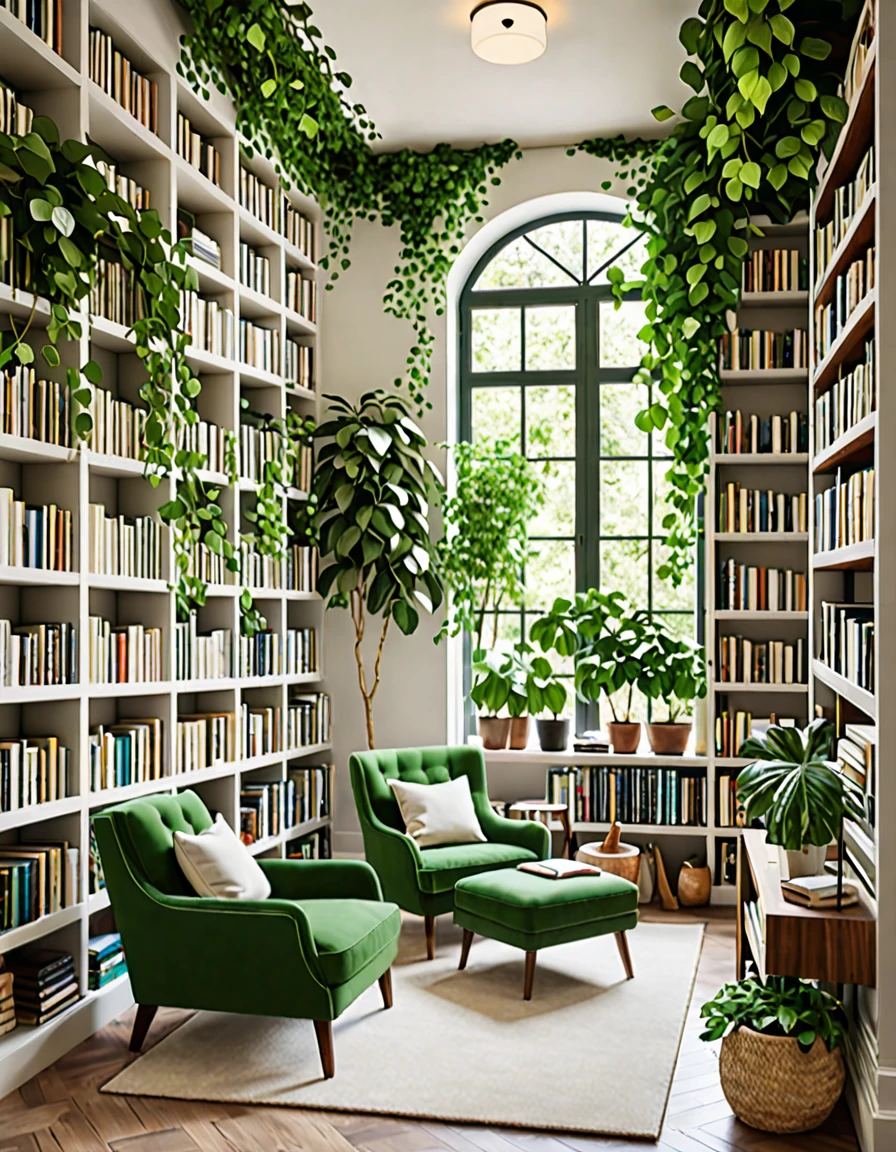 A cozy reading nook adorned with lush green plants. The nook features a comfortable armchair, a small side table stacked with books, and a large bookshelf filled with a variety of literature. Vines hang from the ceiling, and potted plants are arranged on the shelves and floor, creating a serene and inviting atmosphere for book lovers
