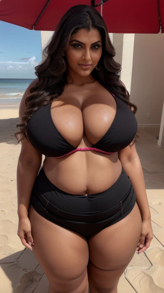 ravishing sexy curvy chubby tall supermodel Rambha (big booty) (face here) Plus size  big, (wide booty) insanely inflated hips,Thick body ,fat body, curve shap body, widest hips , thick hips ,widest breast, thick breast Sea Beach background, wearing Bikini 
