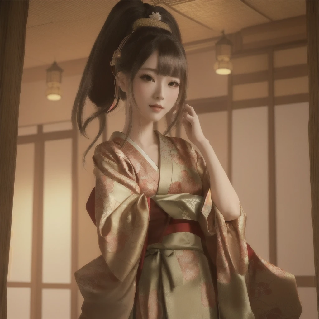 there is a woman In kimono dress posing for a picture, palace ， Girl in Hanfu, In kimono, Japanese Goddess, 3D Anime Real, Photorealistic Animation girl render, In kimono, Realistic Anime 3D Style, Japonism 3d 8k ultra detailed, Elegant Japan Woman, Trending on cgstation, Photorealistic Animation