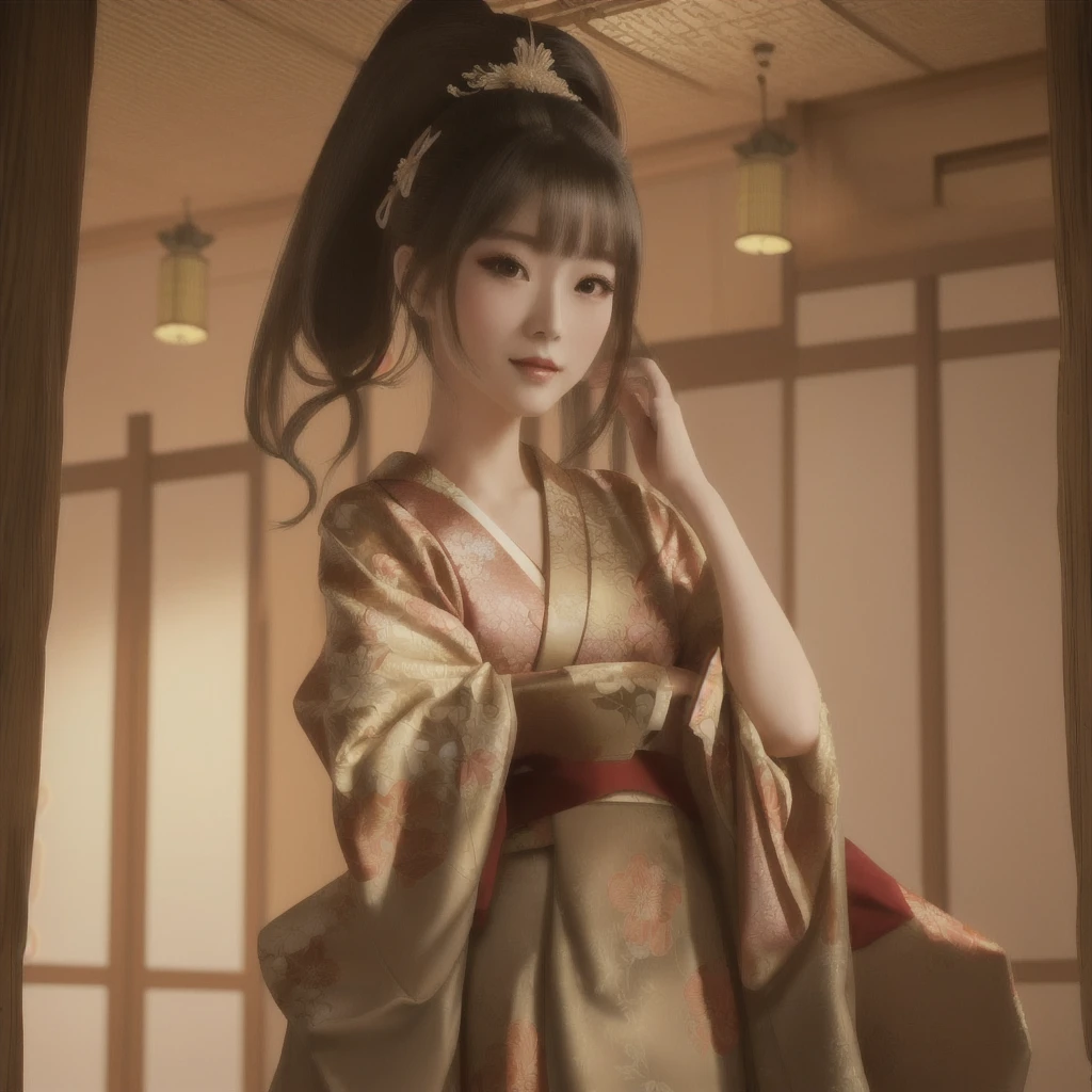 there is a woman In kimono dress posing for a picture, palace ， Girl in Hanfu, In kimono, Japanese Goddess, 3D Anime Real, Photorealistic Animation girl render, In kimono, Realistic Anime 3D Style, Japonism 3d 8k ultra detailed, Elegant Japan Woman, Trending on cgstation, Photorealistic Animation