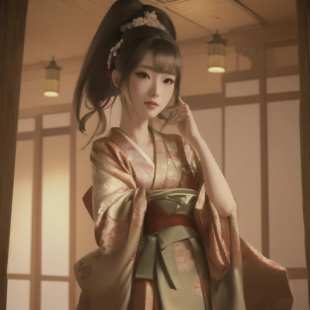 there is a woman In kimono dress posing for a picture, palace ， Girl in Hanfu, In kimono, Japanese Goddess, 3D Anime Real, Photorealistic Animation girl render, In kimono, Realistic Anime 3D Style, Japonism 3d 8k ultra detailed, Elegant Japan Woman, Trending on cgstation, Photorealistic Animation