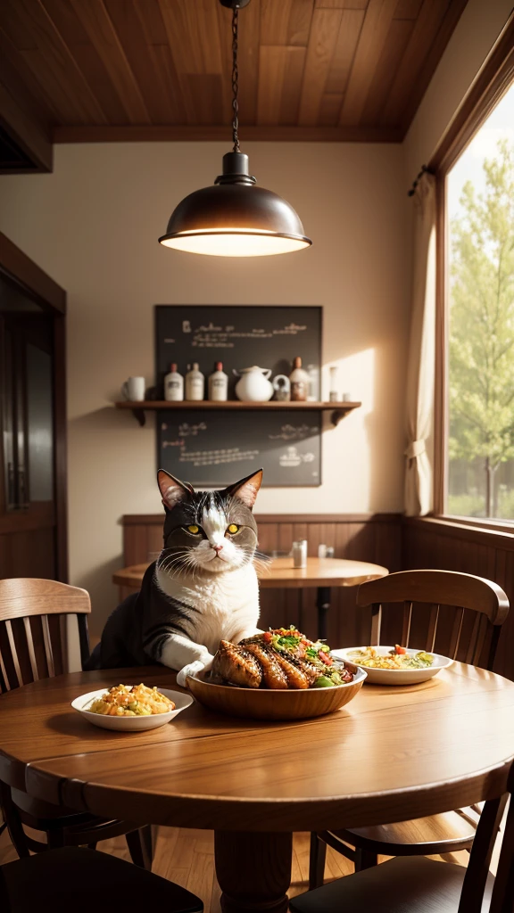 Western-style restaurant, A round-eyed cat sits at the dining table, There is a braised fish on the table.