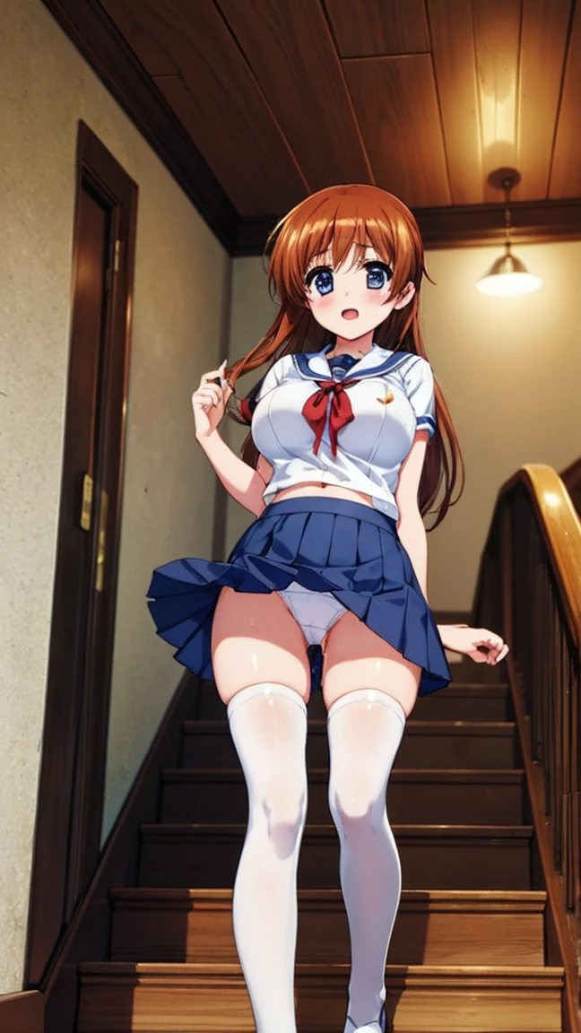 Highest quality,masterpiece,8K,((((1girl)))),((:1.3)),((,blush:1.3)),angry,sweat,takamachi nanoha,((school uniform)),((long hair,straight hair:1.3)),((white shirt,blue skirt,,lift skirt,,white thighhighs:1.1)),,white ,walking,((:1.1)),((Kaidan, stairs:1.3)), door, indoors, scenery, tiles, hallway, window, tile floor, wall, ceiling light, shadow,cowboy shot