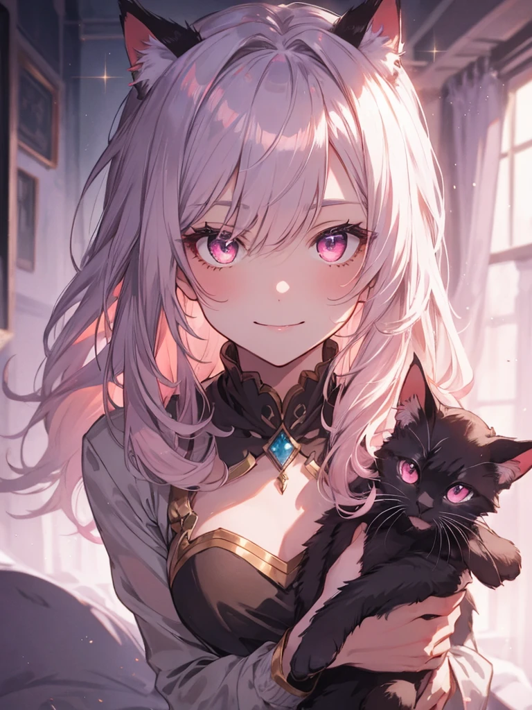 Highly detailed face,fine grain,Sparkling eyes,Highlighted eyes,Medium chest,pretty girl,smile,Cat ear,Beautiful silver hair,Pink inside,Beautiful pink eyes,fantastical, mysterious