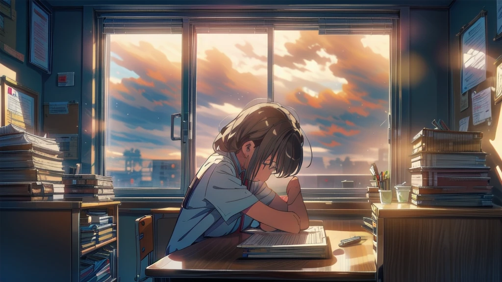 Painting illustrating a serious and dedicated student sitting at a desk cluttered with study materials and notes. The student should appear visibly distressed and anxious, with a backdrop of a dark, stormy sky outside the window to symbolize the turmoil and uncertainty caused by the exam cancellation. Include elements such as a crumpled exam notification on the desk and a calendar marked with the now-cancelled exam date. The room should be dimly lit, highlighting the student's sense of isolation and frustration. The overall mood of the image should convey a blend of frustration, disappointment, and anxiety, raising awareness about the mental and emotional impact of such unexpected academic disruptions.