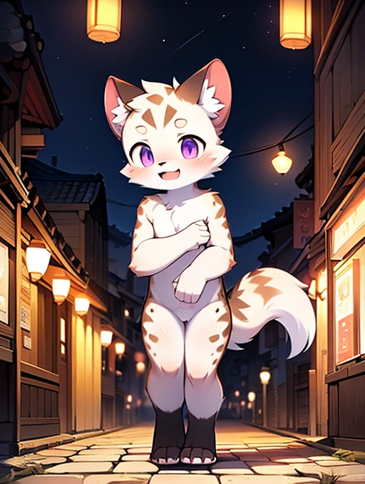 Civet cat, , cute, (alone), (((Has brown and white fur))), Big purple eyes, Blushing, smile, Open your mouth, walking, night, Ancient Asian cities, bright street lights, Blue and black slate road, Empty Streets, Starry Sky, Shadow, Detailed facial depiction, ((Accurate hand drawing)), レンブラントの光とShadow, Ultra-fine,Completely naked,Naked,Naked,On all fours,quadruped,Embarrassing,Embarrassing表情,