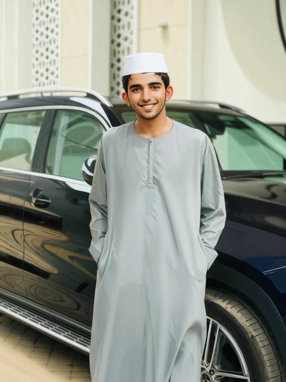 A young emirati man, smiling, happy, big eyes, pixar style