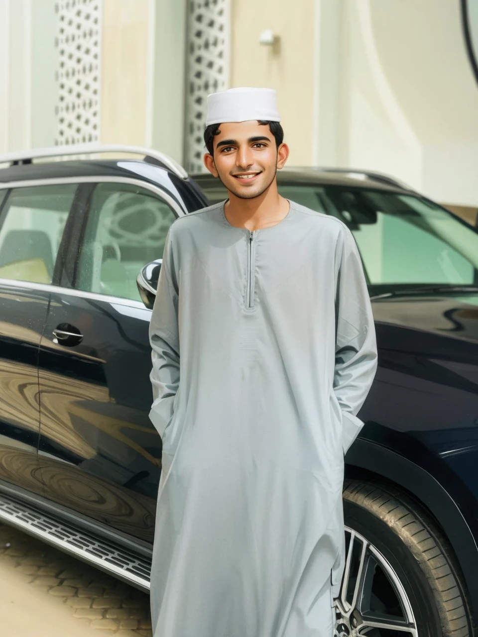 A young emirati man, smiling, happy, big eyes, pixar style
