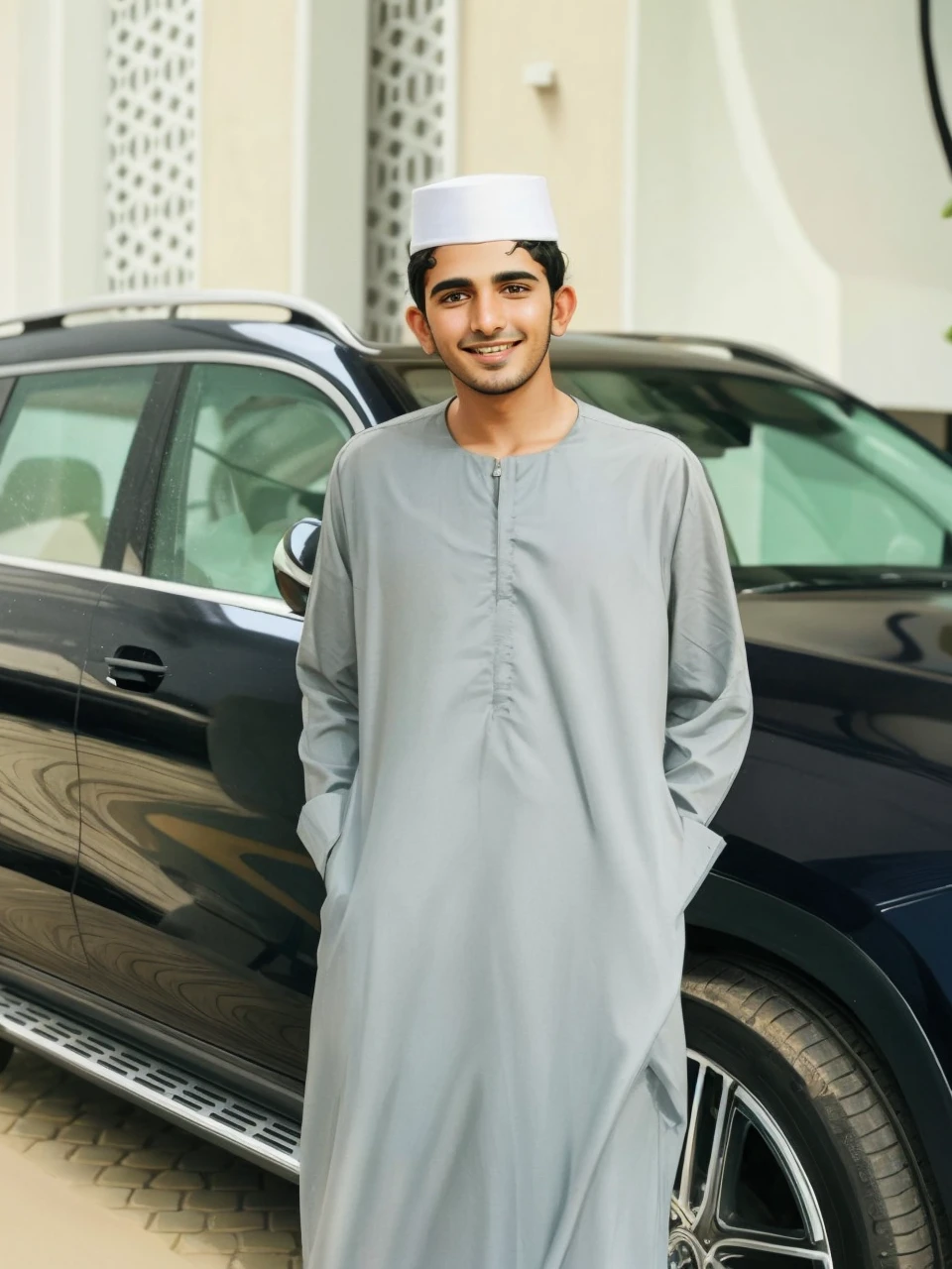 A young emirati man, smiling, happy, big eyes, pixar style