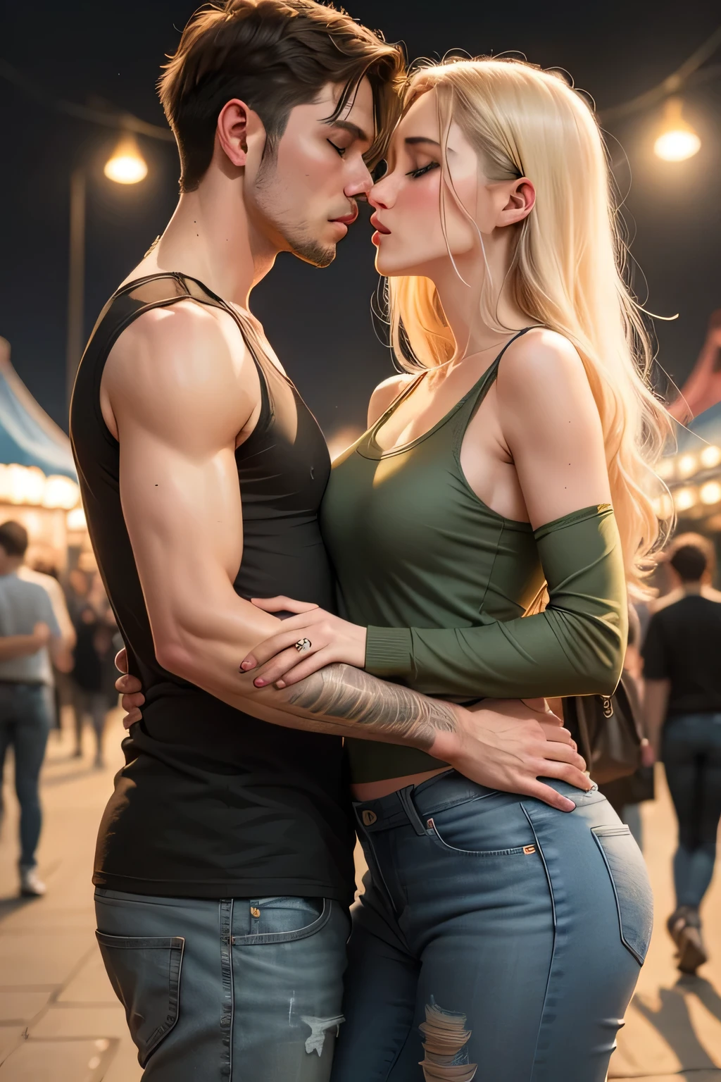 Man wearing maroon full sleeved t shirt and ripped jeans kissing a  woman wearing a olive green tank top, white shirt and pants in an amusement park