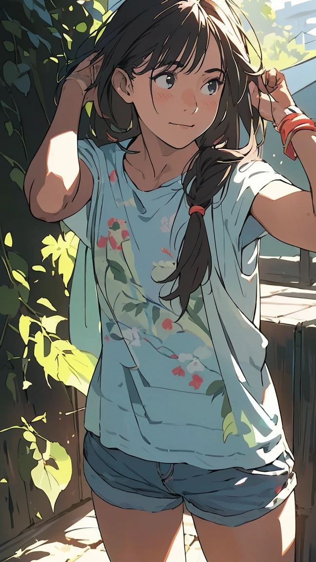Affordable design, Clear lines, High Sharpness, (Highest quality,8K,Perfect sharpness,Ultra-fine,High resolution,masterpiece:1.2), Perfect Anatomy:1.5, Official Art, Illustrations that tell a story, (Whitish background:0. 9)、Body Positivity、Diverse physical expressions、(Random and strange poses))、Perfect beauty、Perfect beautiful face、(非常にStrong winds)、Rich expressiveness、Dynamic configuration、Golden ratio composition、colorful、((color々Different angles and perspectives))、Anime Drawings、((Overcoming stereotypes))、 Glowing Skin、(natureの美)、bangs、Straight Long Hair、(Soft and flowing hair)、(countryside)、((Nostalgic atmosphere))、((Playful and easygoing))、(diverse characters)、((Graceful posture))、(Sunny atmosphere)、(vivid color)、Shorts、Brown Hair、smile、 ((Emotional))、bangs、natureな反応、Summer clothing、(Braided hair)、Show off your thighs、Strong winds、Cheerful pose、(countryside道)、Outdoor、nature、