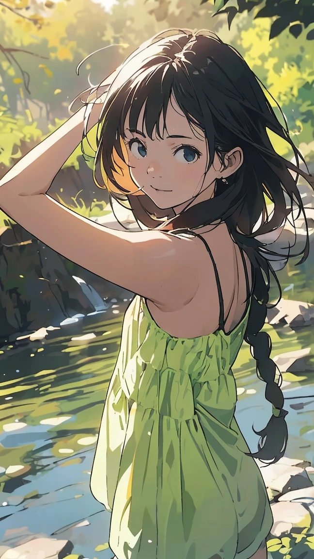Affordable design, Clear lines, High Sharpness, (Highest quality,8K,Perfect sharpness,Ultra-fine,High resolution,masterpiece:1.2), Perfect Anatomy:1.5, Official Art, Illustrations that tell a story, (Whitish background:0. 9)、Body Positivity、Diverse physical expressions、(Random and strange poses))、Perfect beauty、Perfect beautiful face、(非常にStrong winds)、Rich expressiveness、Dynamic configuration、Golden ratio composition、colorful、((color々Different angles and perspectives))、Anime Drawings、((Overcoming stereotypes))、 Glowing Skin、(natureの美)、bangs、Straight Long Hair、(Soft and flowing hair)、(countryside)、((Nostalgic atmosphere))、((Playful and easygoing))、(diverse characters)、((Graceful posture))、(Sunny atmosphere)、(vivid color)、Shorts、Brown Hair、smile、 ((Emotional))、bangs、natureな反応、Summer clothing、(Braided hair)、Show off your thighs、Strong winds、Cheerful pose、(countryside道)、Outdoor、nature、