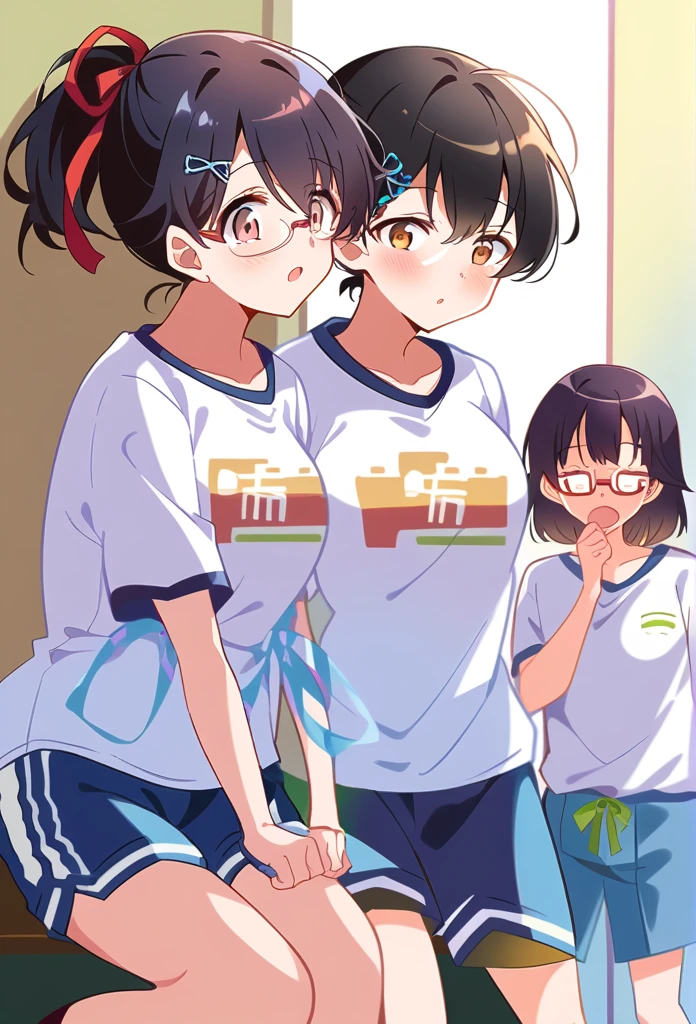 One person anime Middle school students Black hair ponytail Gentle face Rimless glasses are black Big Breasts Short Brown eyes, white shirt and navy blue shorts