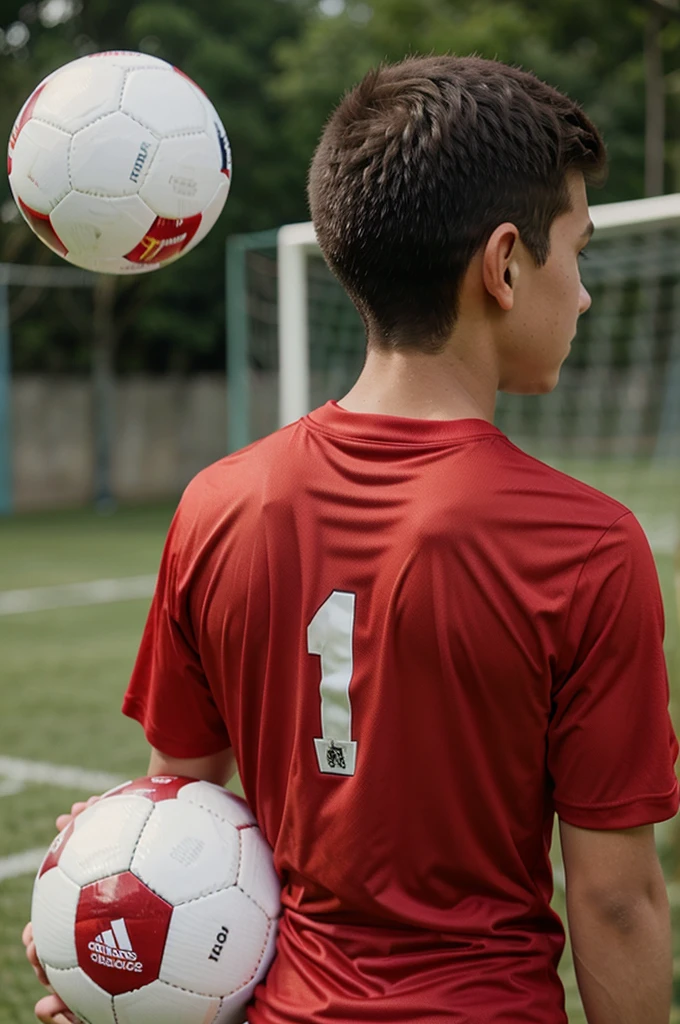A boy plays soccer wearing a red shirt with the number 10 on his back