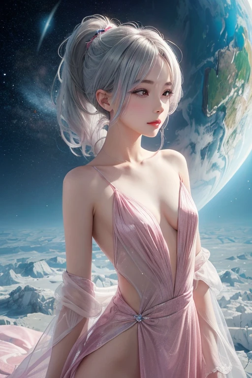 longeyelashes, small Eyes,Ponytail, pink Silver hair, gray colored contact lenses, surrealism, anaglyph, stereograms,  POV, Atmospheric perspective, 32K, Super Detail, ccurate, Best Quality,The shoulders have exposed skin,Very thin,Very small bust, Very thin waist,Other Dimensional Planet,A strong-willed beautiful girl,Semi-nude,The most beautiful face,A beautiful girl,