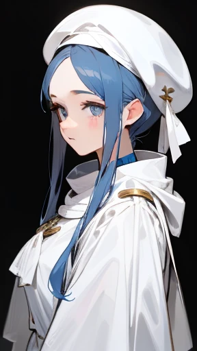 The hairstyle is a large white beret loosely covering the head like a turban.