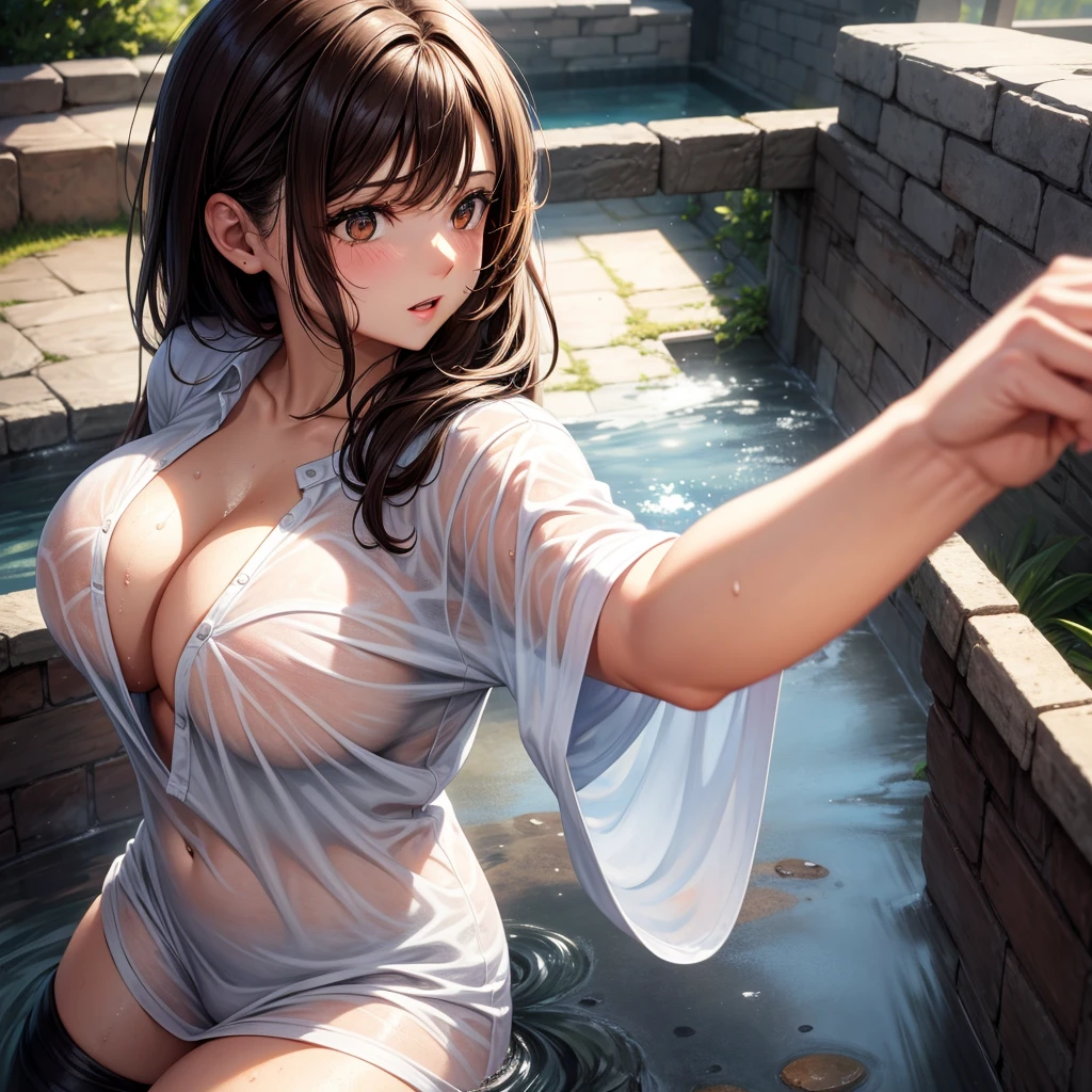 / Brown eyes, long dark hair, / big  / wet white t-shirt / hard nippless 