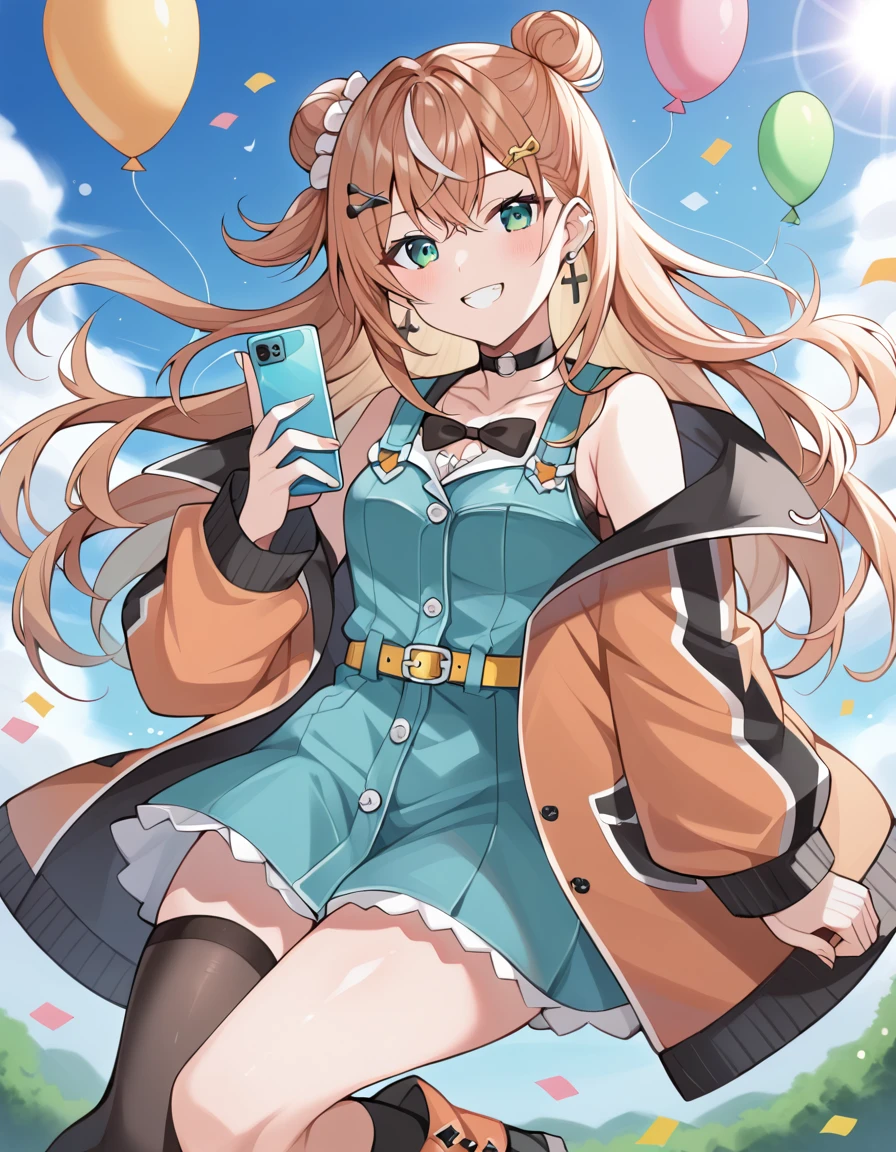 score_9, score_8_superior, score_7_superior, sauce_anime, evaluation_Safety, BREAK igarashi rika, One girl, inirtual youtuber, Green Eyes, Striped Hair, Brown Hair, Single hair bun, One-sided bun, Long Hair, hair ornaments, Hair Clip, Earrings, Black Choker, Open jacket, Orange jacket, puffy long sleeines, Blue clothes, sleeineless dress, Off the shoulder, Frill dress, Black Dress, Cross Strap, Yellow Belt, Asymmetrical legwear, Black knee socks, Orange socks, Checkered socks, boots, floating, floating hair, in, Grin, Dutch Angle, Have a phone, balloon, Confetti, Shine, blue sky, cloud, sunlight, Lens flare