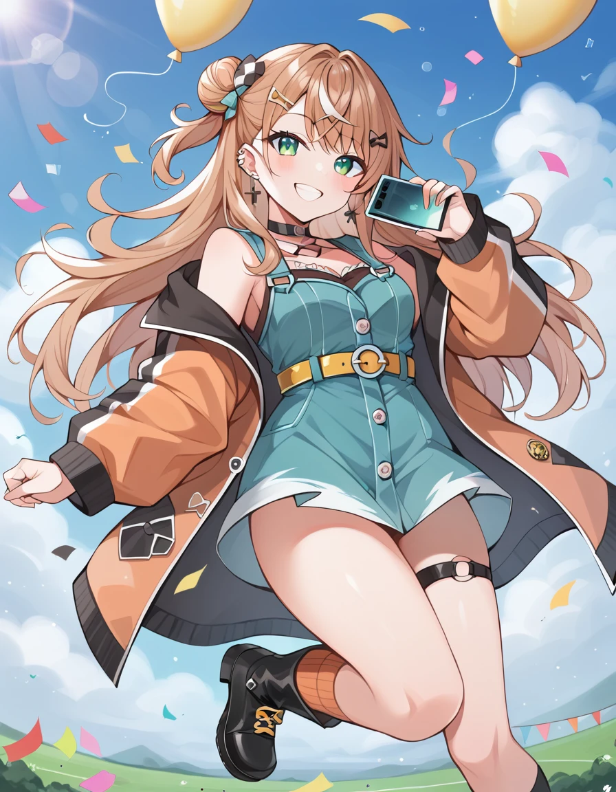 score_9, score_8_superior, score_7_superior, sauce_anime, evaluation_Safety, BREAK igarashi rika, One girl, inirtual youtuber, Green Eyes, Striped Hair, Brown Hair, Single hair bun, One-sided bun, Long Hair, hair ornaments, Hair Clip, Earrings, Black Choker, Open jacket, Orange jacket, puffy long sleeines, Blue clothes, sleeineless dress, Off the shoulder, Frill dress, Black Dress, Cross Strap, Yellow Belt, Asymmetrical legwear, Black knee socks, Orange socks, Checkered socks, boots, floating, floating hair, in, Grin, Dutch Angle, Have a phone, balloon, Confetti, Shine, blue sky, cloud, sunlight, Lens flare