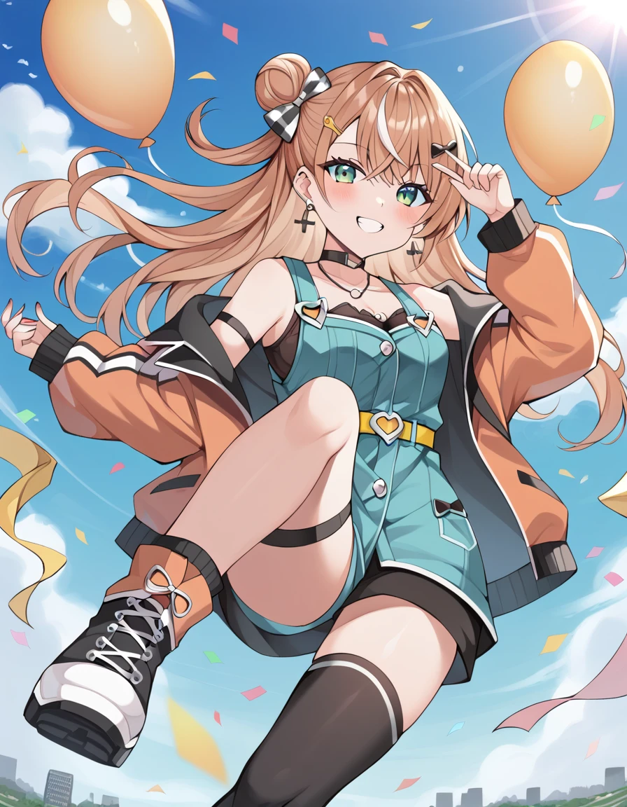 score_9, score_8_superior, score_7_superior, sauce_anime, evaluation_Safety, BREAK igarashi rika, One girl, inirtual youtuber, Green Eyes, Striped Hair, Brown Hair, Single hair bun, One-sided bun, Long Hair, hair ornaments, Hair Clip, Earrings, Black Choker, Open jacket, Orange jacket, puffy long sleeines, Blue clothes, sleeineless dress, Off the shoulder, Frill dress, Black Dress, Cross Strap, Yellow Belt, Asymmetrical legwear, Black knee socks, Orange socks, Checkered socks, boots, floating, floating hair, in, Grin, Dutch Angle, Have a phone, balloon, Confetti, Shine, blue sky, cloud, sunlight, Lens flare