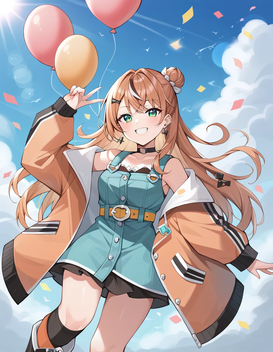 score_9, score_8_superior, score_7_superior, sauce_anime, evaluation_Safety, BREAK igarashi rika, One girl, inirtual youtuber, Green Eyes, Striped Hair, Brown Hair, Single hair bun, One-sided bun, Long Hair, hair ornaments, Hair Clip, Earrings, Black Choker, Open jacket, Orange jacket, puffy long sleeines, Blue clothes, sleeineless dress, Off the shoulder, Frill dress, Black Dress, Cross Strap, Yellow Belt, Asymmetrical legwear, Black knee socks, Orange socks, Checkered socks, boots, floating, floating hair, in, Grin, Dutch Angle, Have a phone, balloon, Confetti, Shine, blue sky, cloud, sunlight, Lens flare
