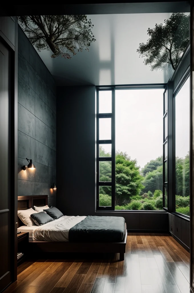 Beautiful small dark bedroom, the walls are glass ,it's raining outside,many trees ,and dark invironment 