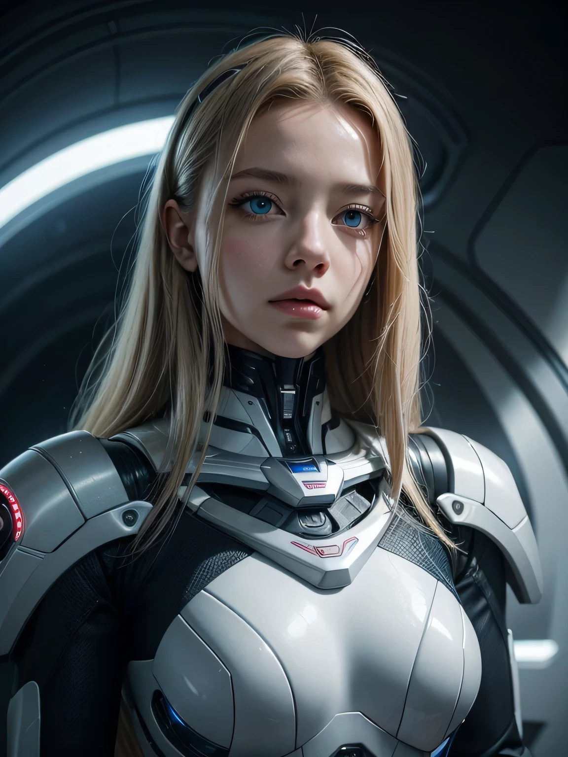 a woman in a futuristic suit posing for a picture, full length, a digital rendering, inspired by Eve Ryder, trending on cgsociety, digital art, blue eyes and blond hair, sydney sweeney, princess intergalactica, portrait of a robot, nicolas bouvier sparth, beautiful detailed body and face, artist unknown, ferra white mecha, gorgeous face and figure, cute cyborg girl