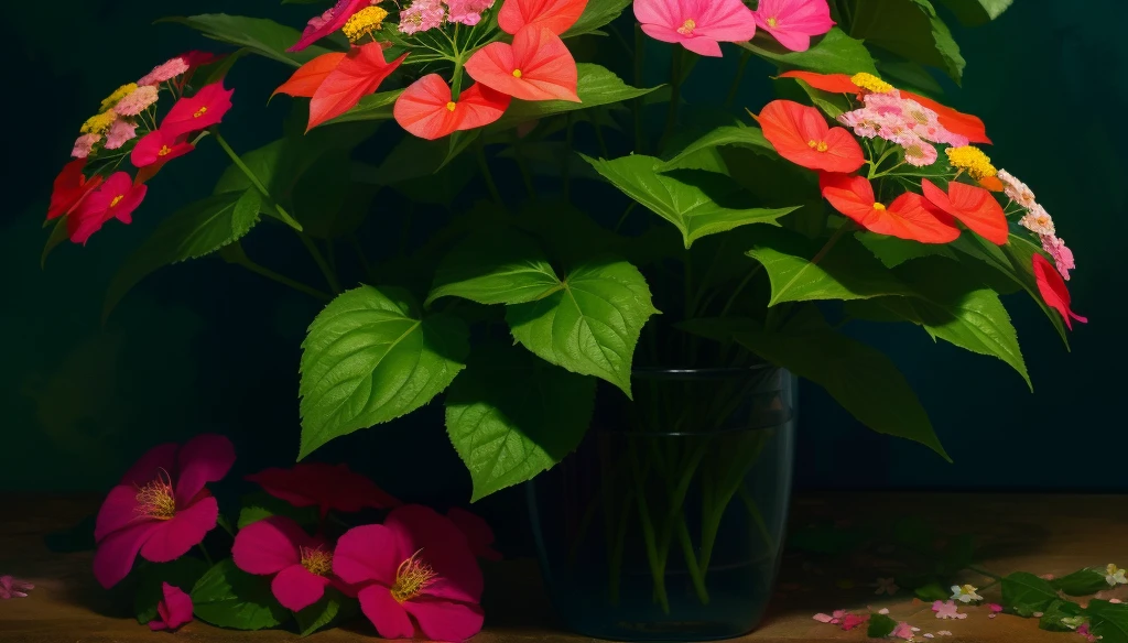 photorealestic,In the middle of a painting is a beautiful begonia,4K HD details,Beautiful digital artwork, detailed flowers , magical colorful flowers, Layered green,beautiful digital painting, wallpaper hd, colorful hd picure, beautiful flowers, elegant digital painting