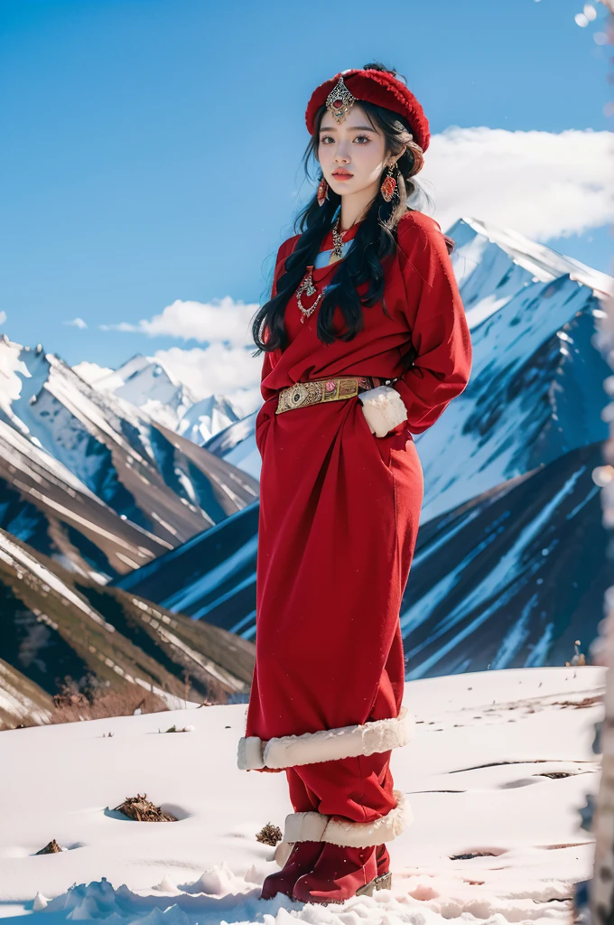 (masterpiece, best quality:1.2),red Tibetan clothing,1 Tibetan girl, blue sky, cloud, cloudy sky, day, earrings,Plush hat, horizon,Tibetan Earrings,jewelry,necklace, lips,snow mountain, outdoors, parted lips, red lips, solo, upper body,flat chest,slender legs,boots,arms behind back
