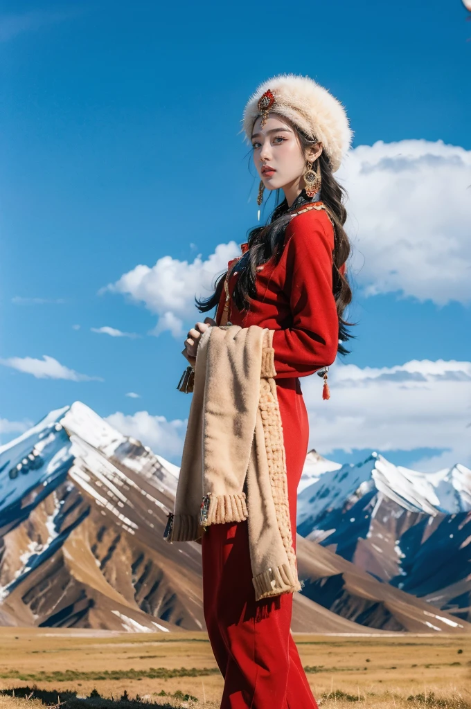 (masterpiece, best quality:1.2),red Tibetan clothing,1 Tibetan girl, blue sky, cloud, cloudy sky, day, earrings,Plush hat, horizon,Tibetan Earrings,jewelry,necklace, lips,snow mountain, outdoors, parted lips, red lips, solo, upper body,flat chest,slender legs,boots,arms behind back