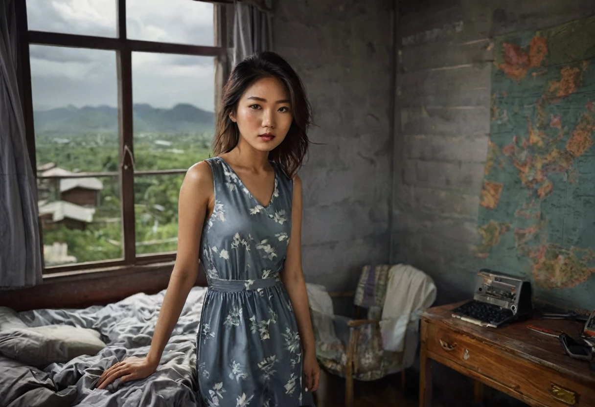 young asian female model, perfect body, sleeveless dress, bedroom, desk, messy room, realistic, looking at viewer, window, pretty, arms behind back, from above, stormy sky, dim light at cozy bedroom,, (masterpiece, best quality, very aesthetic, ultra detailed), intricate details,
