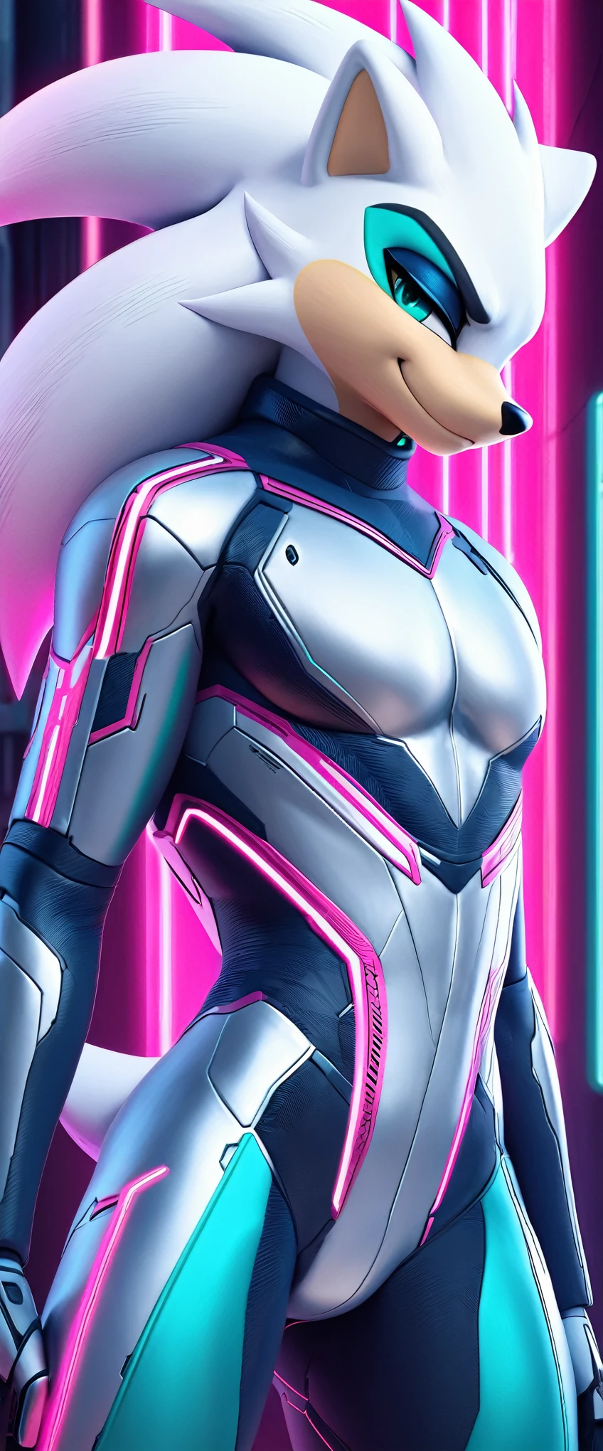 (((masterpiece:1.5, 4K, 8K))), a (((full body:1.5))) high quality digitally drawn rendered image ((by SEGA)) of A solo male anthro ((silver—white hedgehog)), with glowing blue eyes, ((metallic blue eyeliner:1.5)), (((tan muzzle))), wearing a (((sci-fi bodysuit))) stands in a neon-lit cyberpunk city The android's bodysuit is adorned with (((bright teal coloring:1.5))) with (((neon pink accents:1.4))), and intricate android seams, creating a futuristic look. the android has a seductive smirk on his face